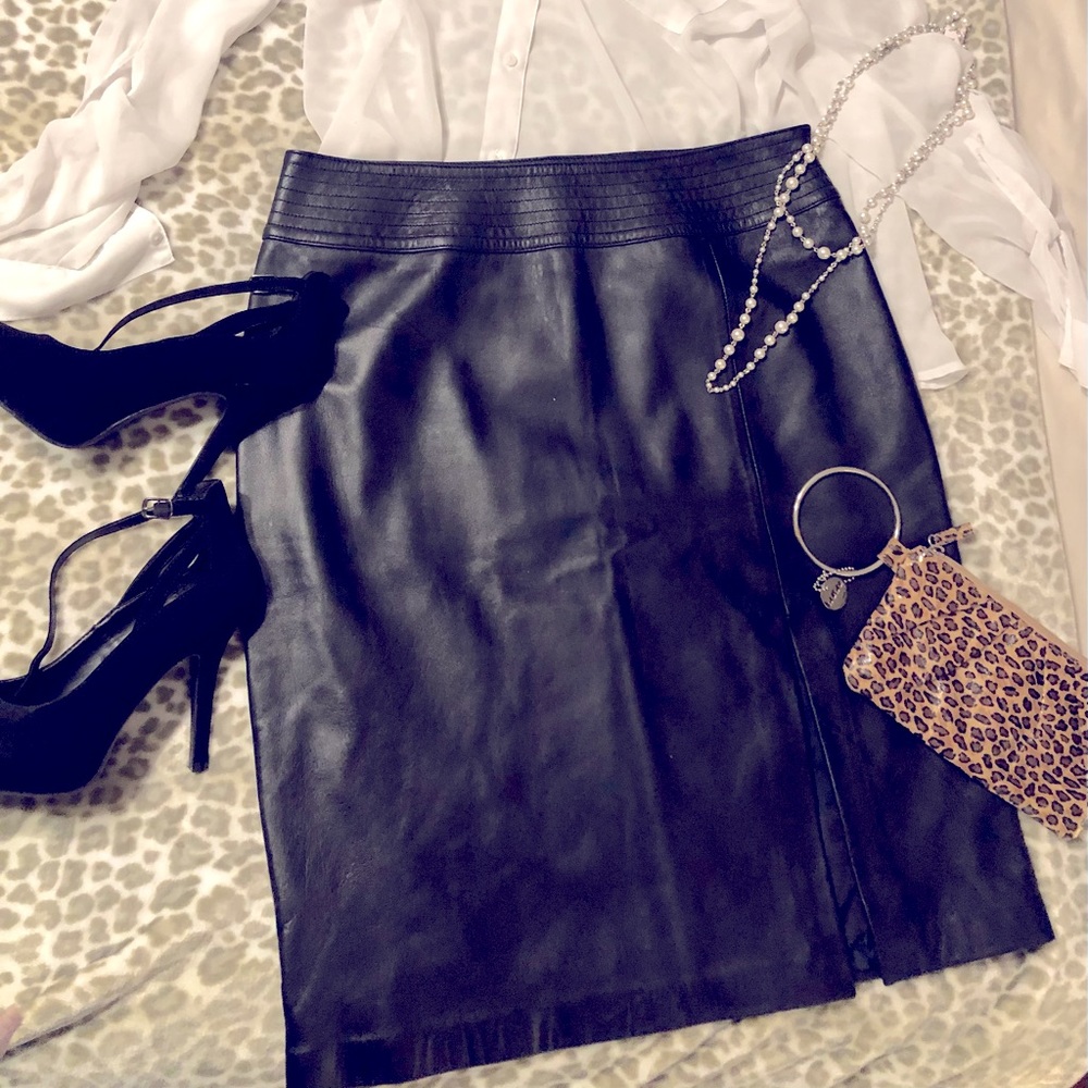 Apostrophe Black Leather Pencil Skirt w/Slit - 14